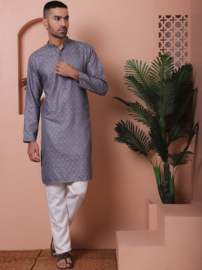 Men Grey Woven Design Cotton Kurtas.