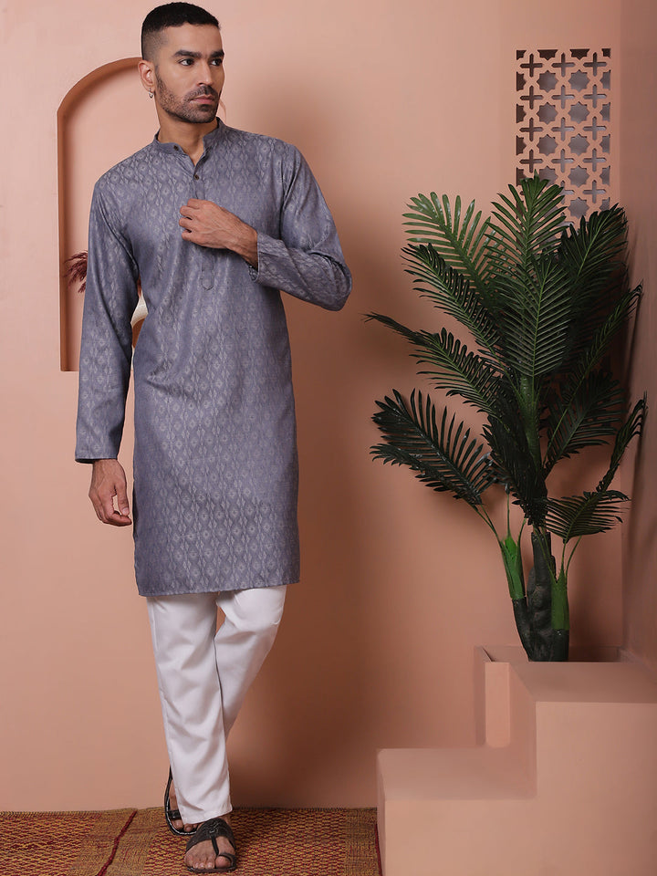 Men Grey Woven Design Cotton Kurtas.