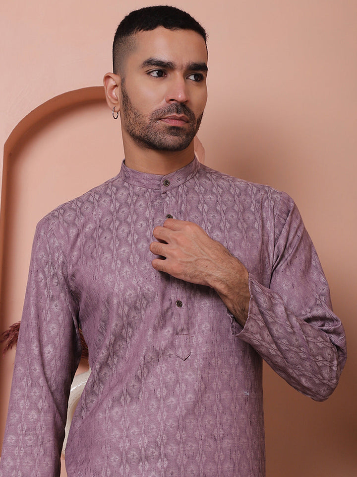 Men Purple Woven Design Cotton Kurtas.