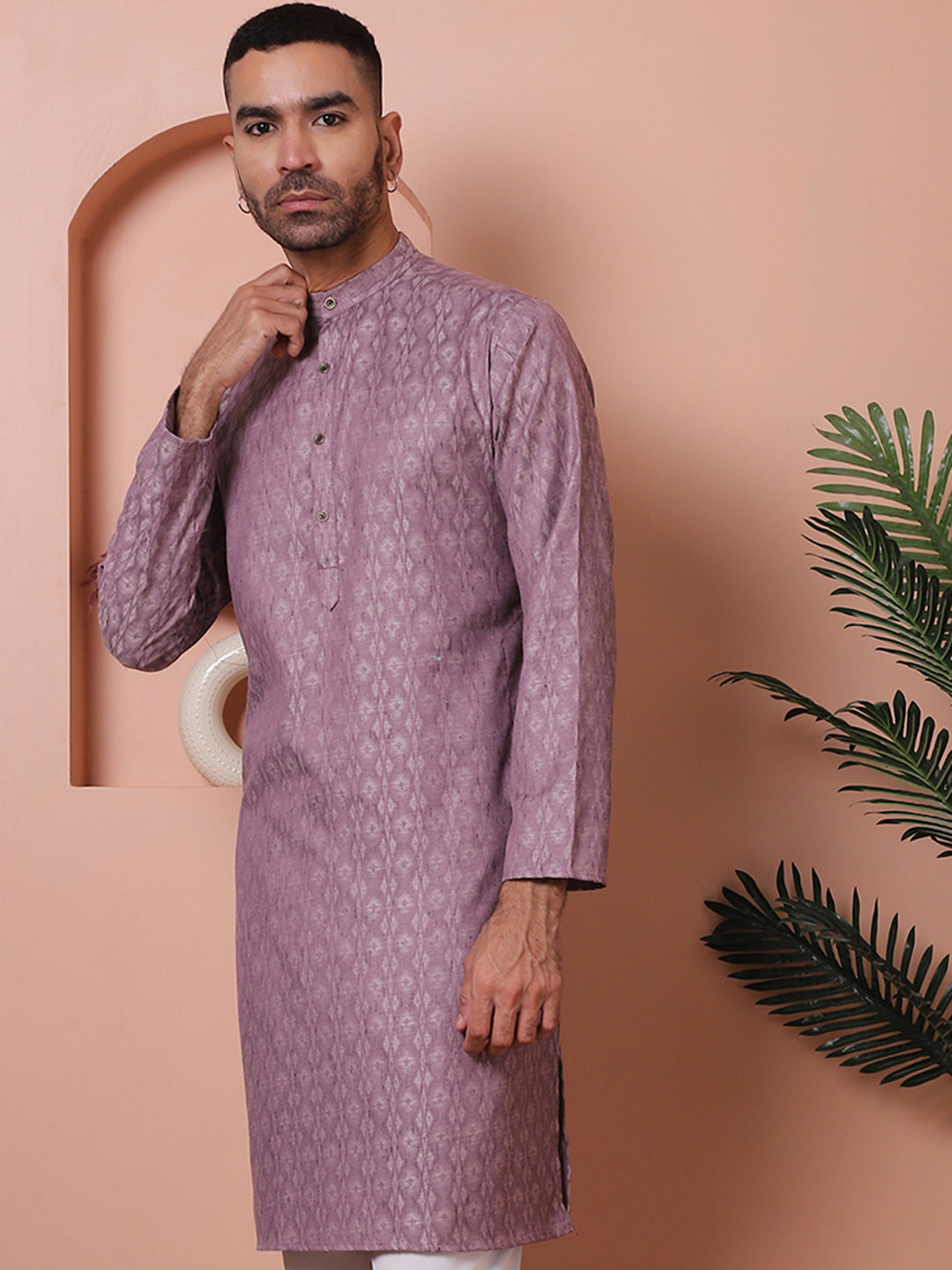 Men Purple Woven Design Cotton Kurtas.