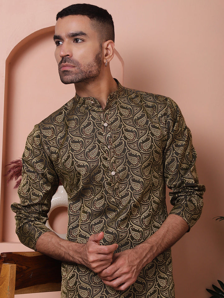 Men Black Silk Blend Straight Kurtas.