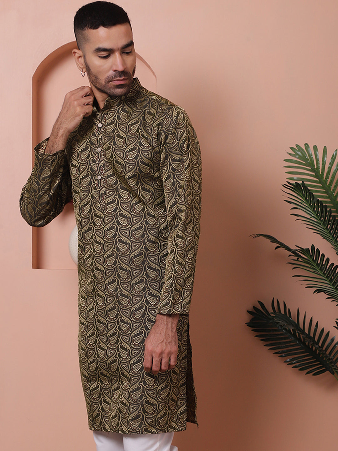 Men Black Silk Blend Straight Kurtas.