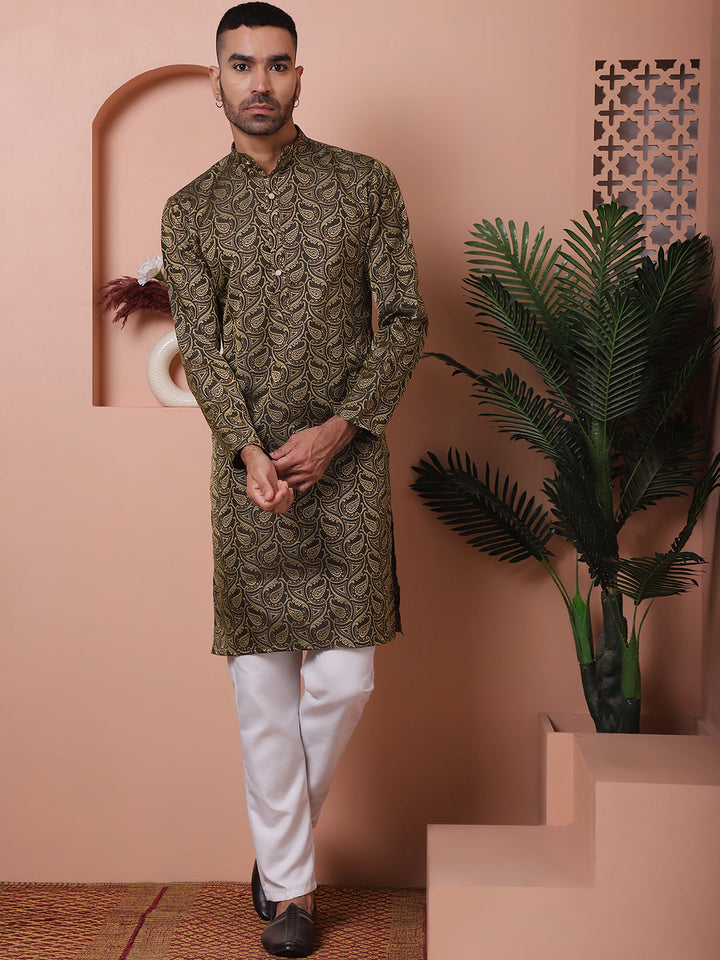 Men Black Silk Blend Straight Kurtas.