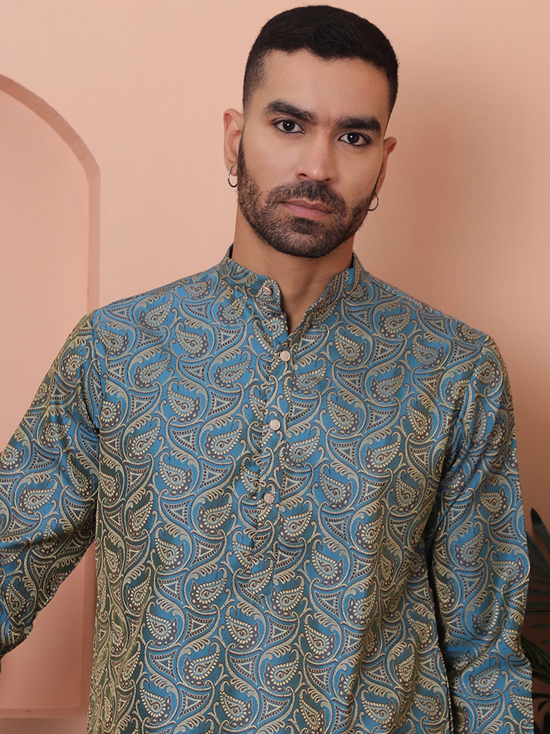 Men Blue Silk Blend Straight Kurtas.