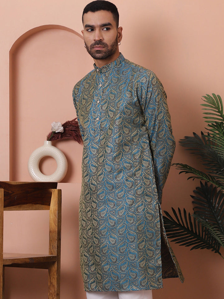 Men Blue Silk Blend Straight Kurtas.