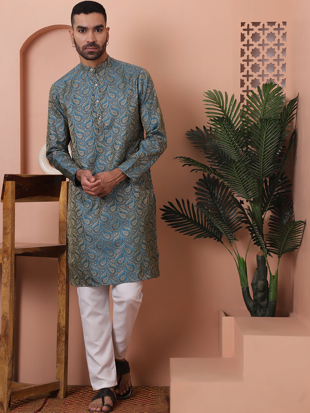 Men Blue Silk Blend Straight Kurtas.