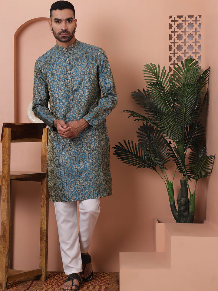 Men Blue Silk Blend Straight Kurtas.
