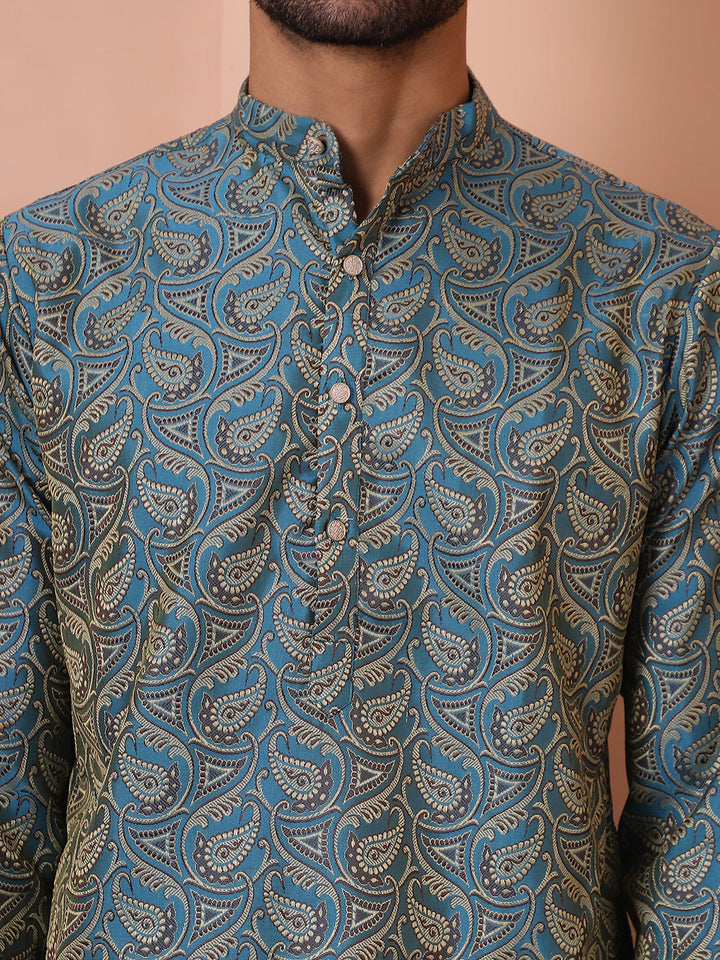 Men Blue Silk Blend Straight Kurtas.