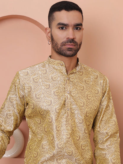 Men Golden Silk Blend Straight Kurtas.