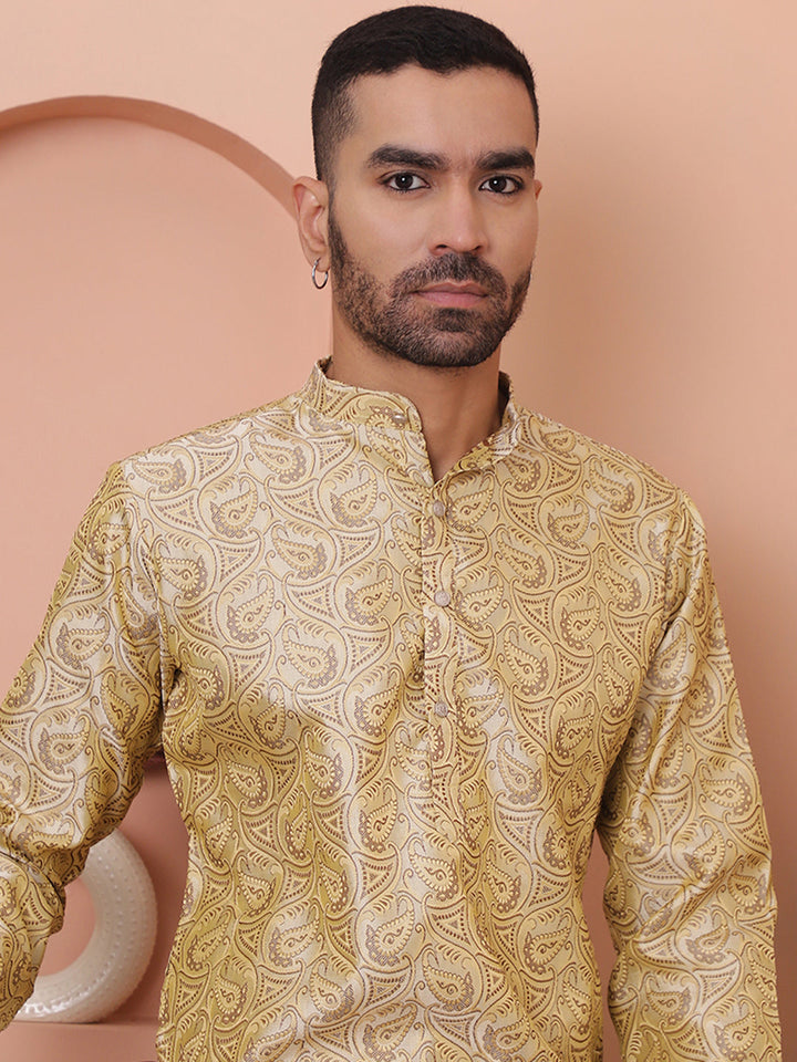 Men Golden Silk Blend Straight Kurtas.
