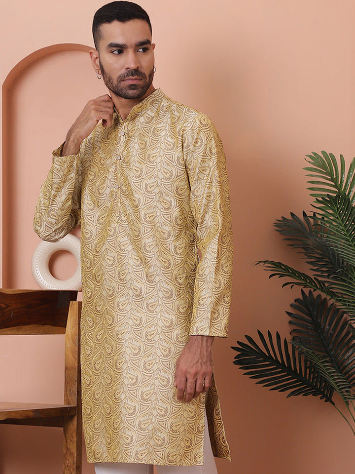 Men Golden Silk Blend Straight Kurtas.