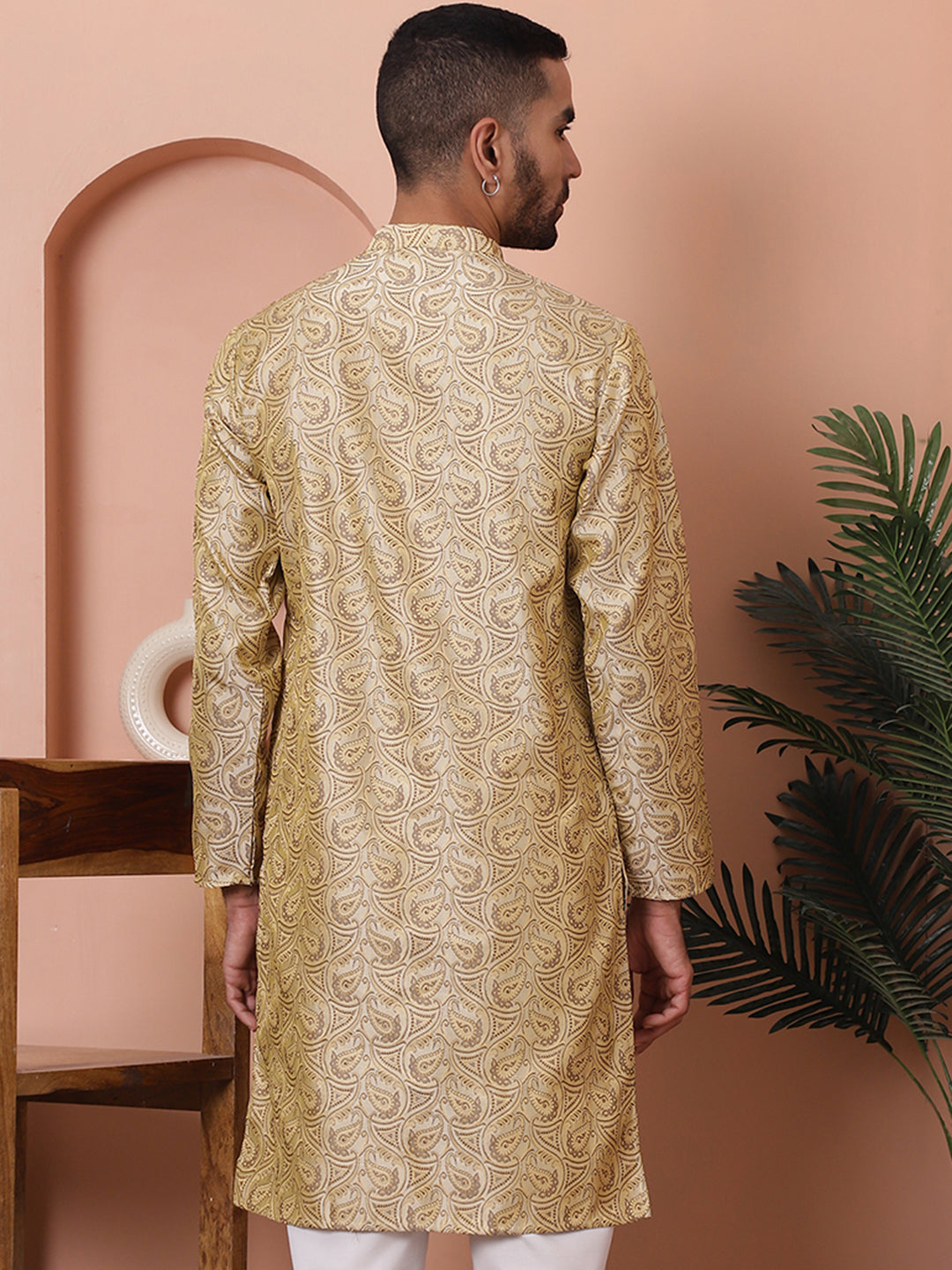 Men Golden Silk Blend Straight Kurtas.