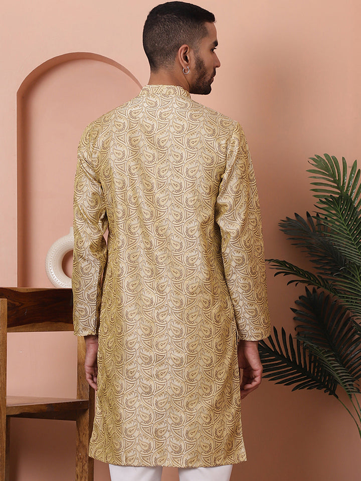 Men Golden Silk Blend Straight Kurtas.