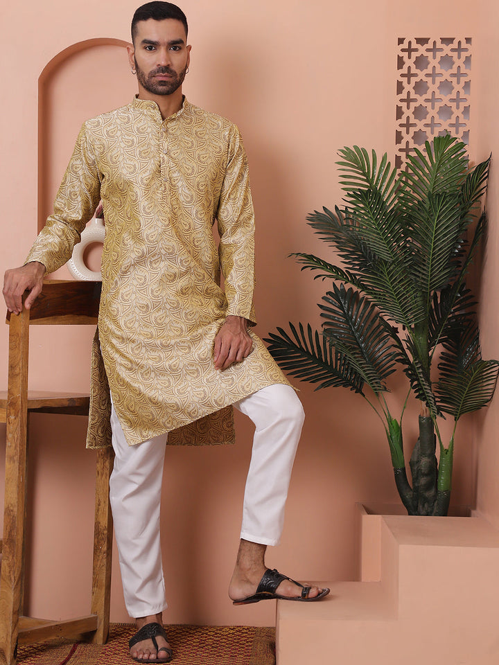 Men Golden Silk Blend Straight Kurtas.