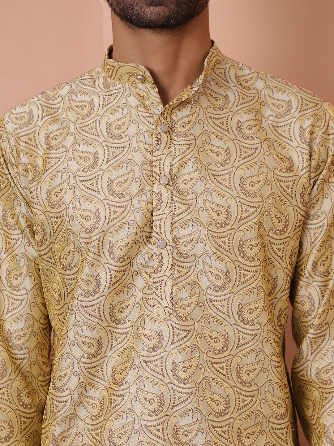 Men Golden Silk Blend Straight Kurtas.