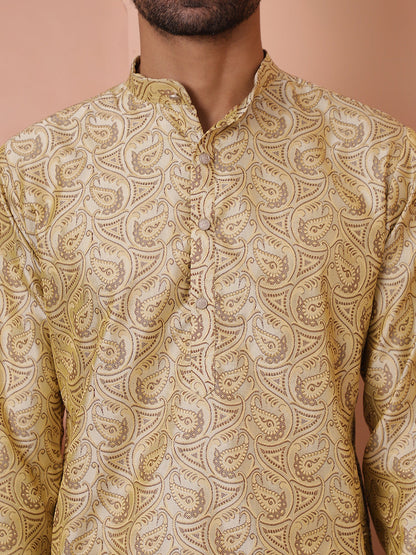 Men Golden Silk Blend Straight Kurtas.