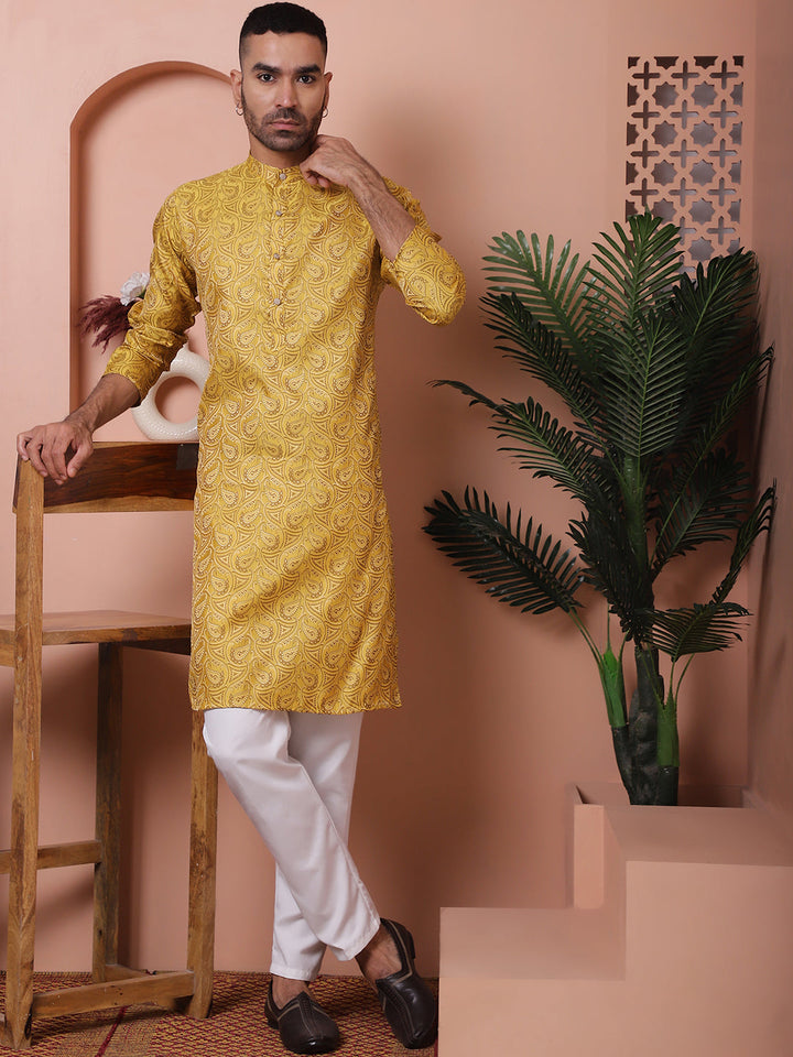 Men Yellow Silk Blend Straight Kurtas.