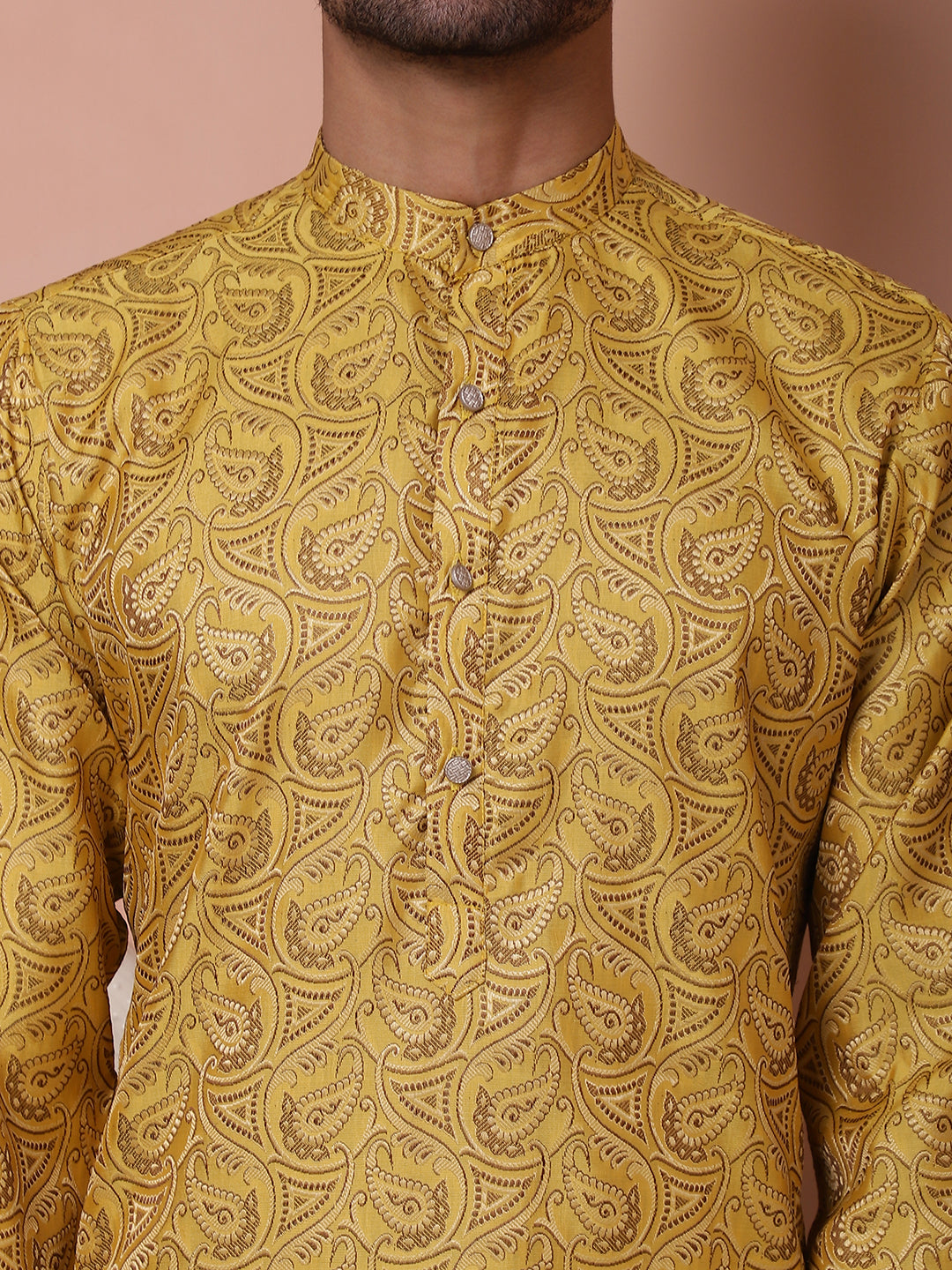Men Yellow Silk Blend Straight Kurtas.