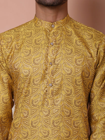 Men Yellow Silk Blend Straight Kurtas.