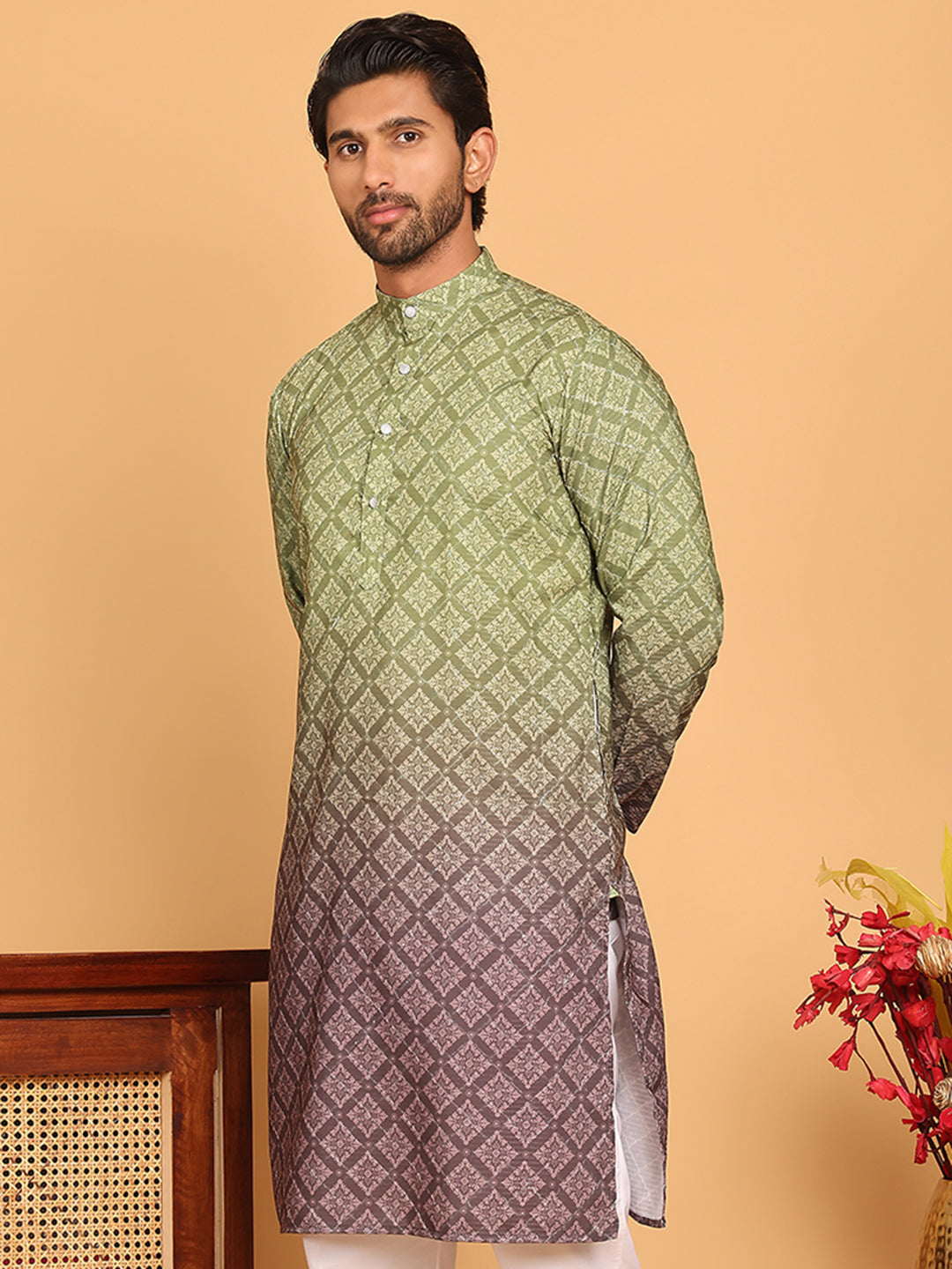 Olive Green Ombre Printed Kurtas For Men
