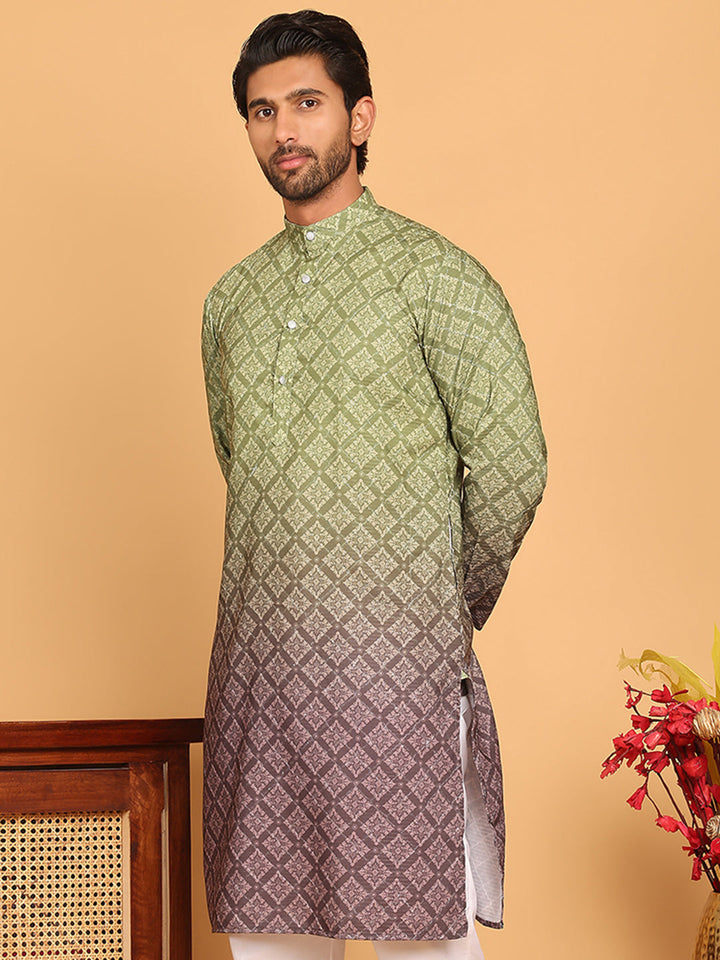 Olive Green Ombre Printed Kurtas For Men