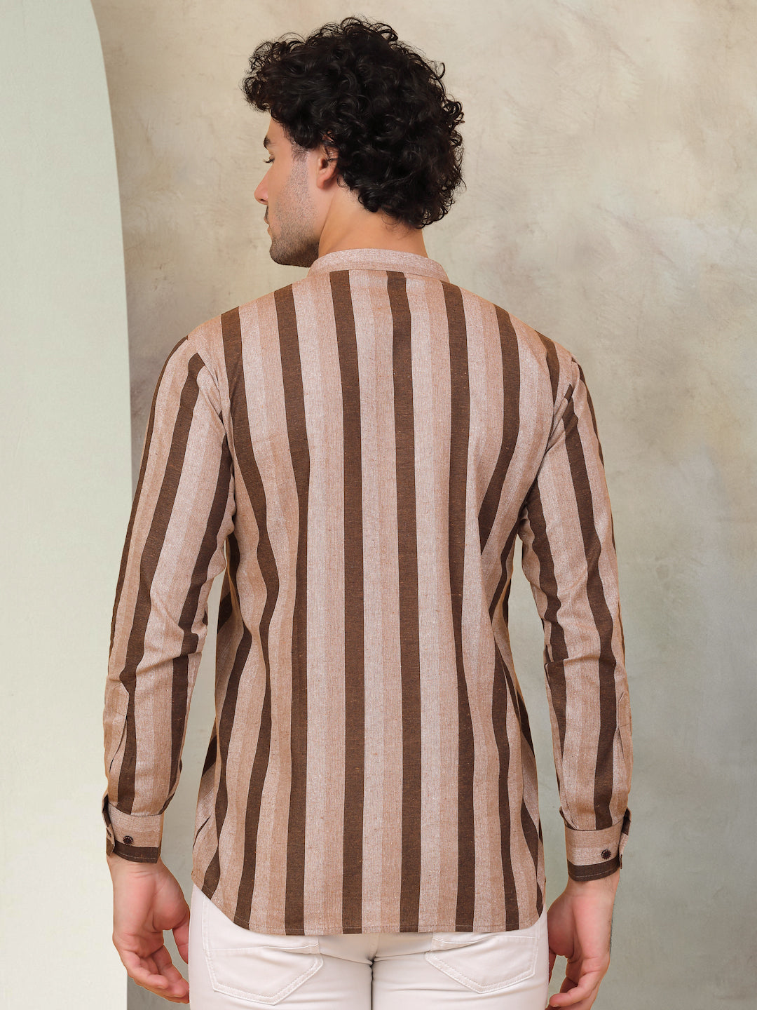 Men'S Beige Striped Short Kurtas