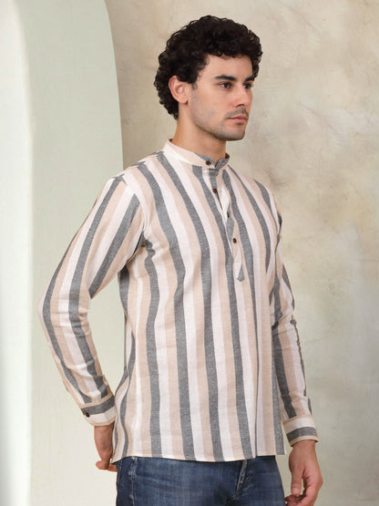 Men'S Grey Striped Short Kurtas