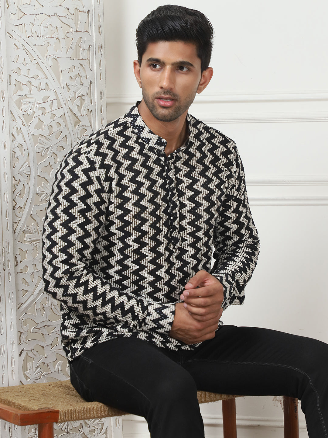 Woven Design Cotton Short Kurta For Men