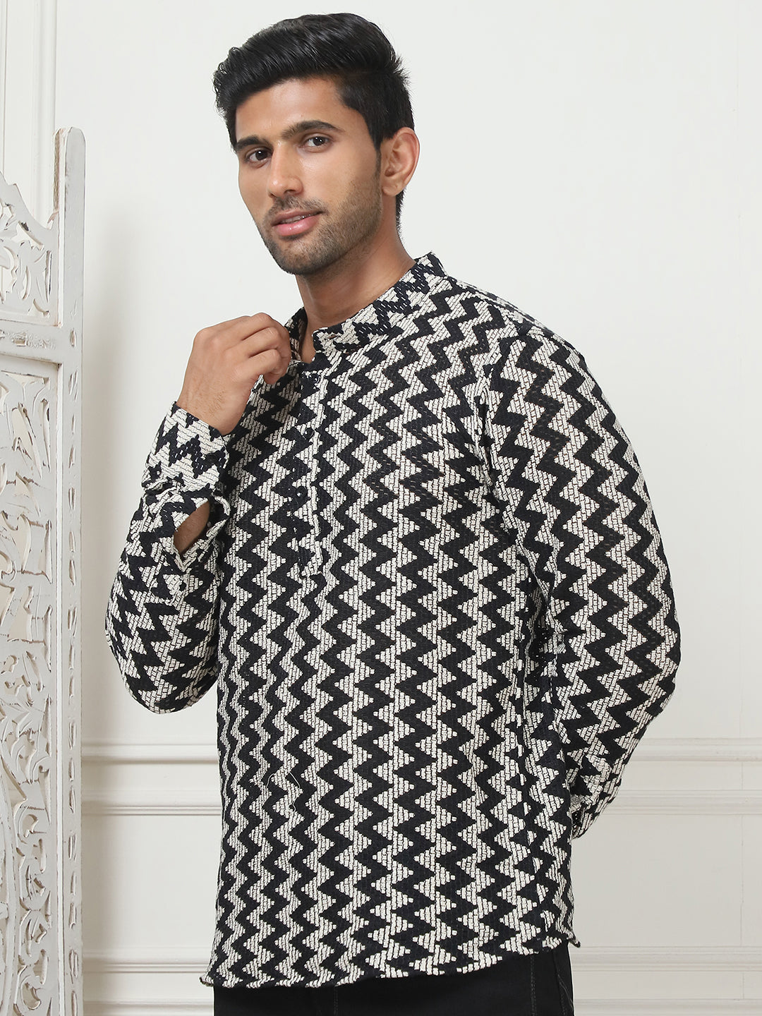 Woven Design Cotton Short Kurta For Men