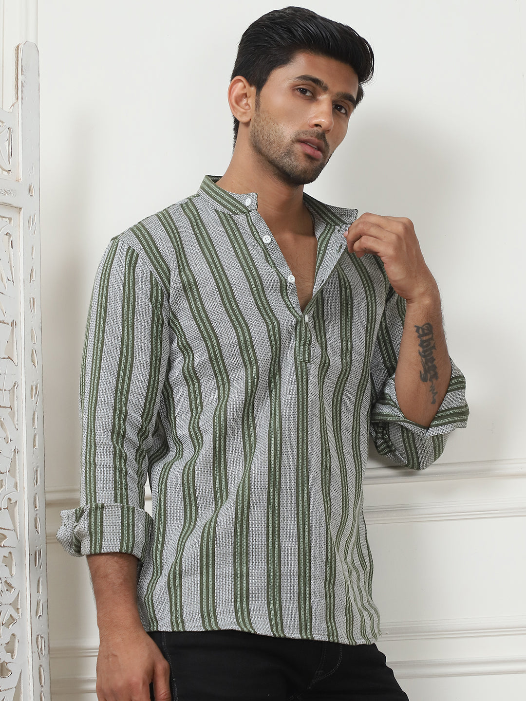 Woven Design Cotton Short Kurta For Men