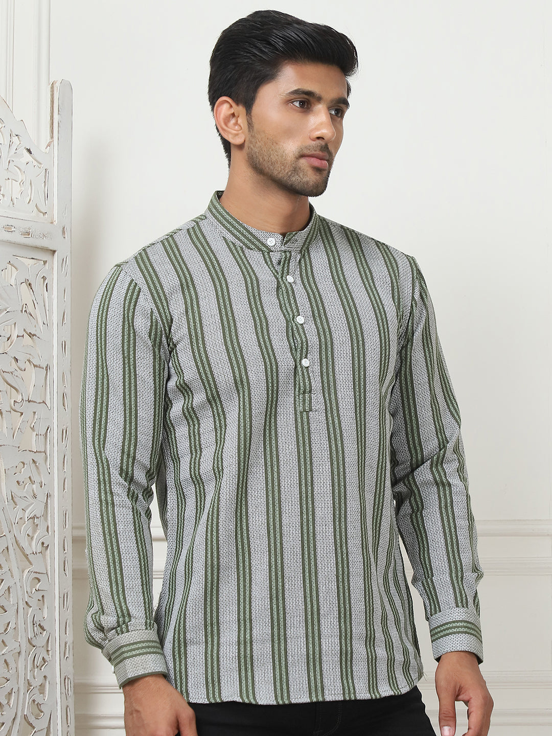 Woven Design Cotton Short Kurta For Men