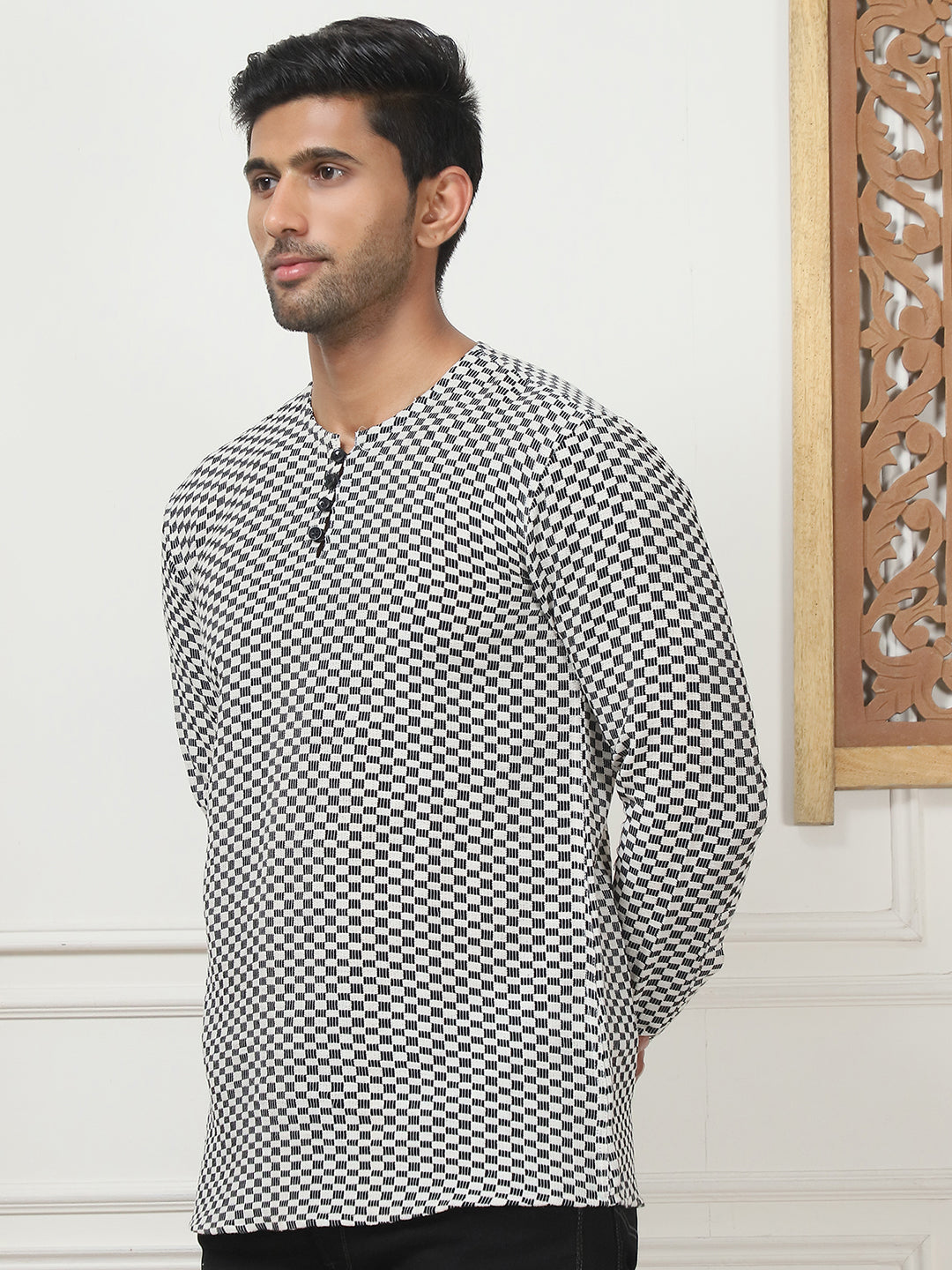 Woven Design Cotton Short Kurta For Men