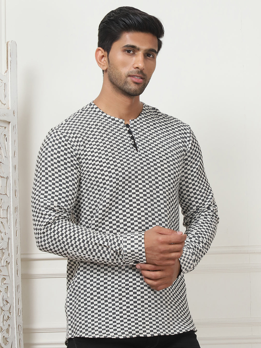 Woven Design Cotton Short Kurta For Men