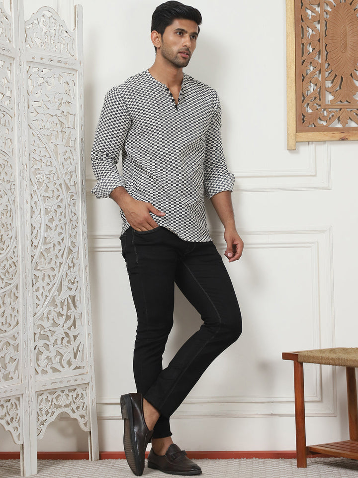 Woven Design Cotton Short Kurta For Men
