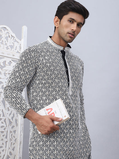 Men'S Black Chikankari Embroidered And Sequence Kurtas