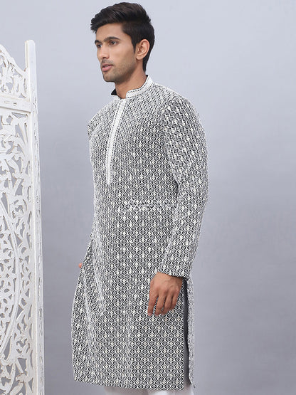 Men'S Black Chikankari Embroidered And Sequence Kurtas