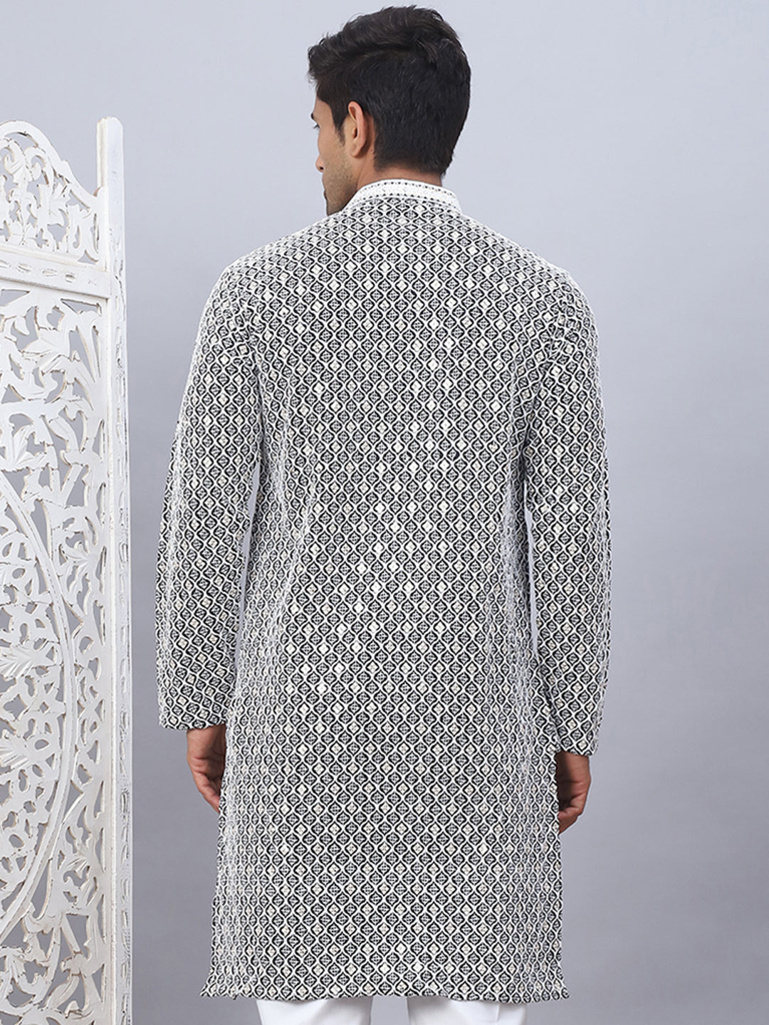 Men'S Black Chikankari Embroidered And Sequence Kurtas