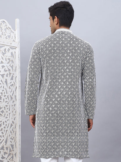 Men'S Black Chikankari Embroidered And Sequence Kurtas