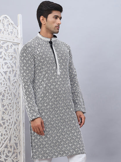 Men'S Black Chikankari Embroidered And Sequence Kurtas