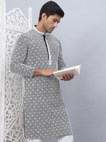 Men'S Black Chikankari Embroidered And Sequence Kurtas