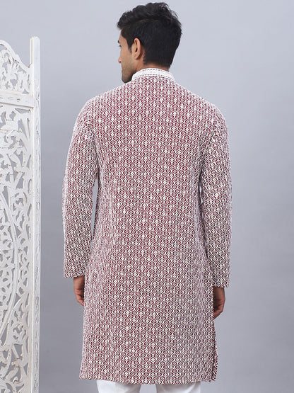 Men'S Maroon Chikankari Embroidered And Sequence Kurtas