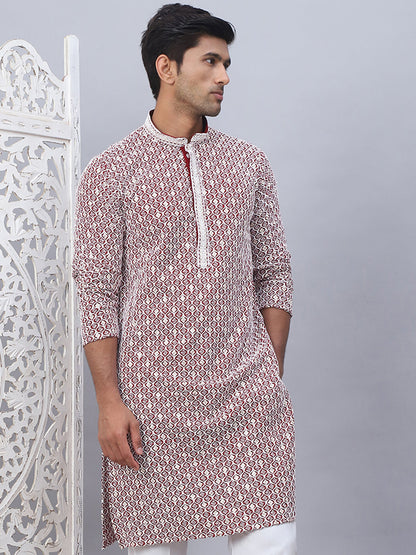 Men'S Maroon Chikankari Embroidered And Sequence Kurtas