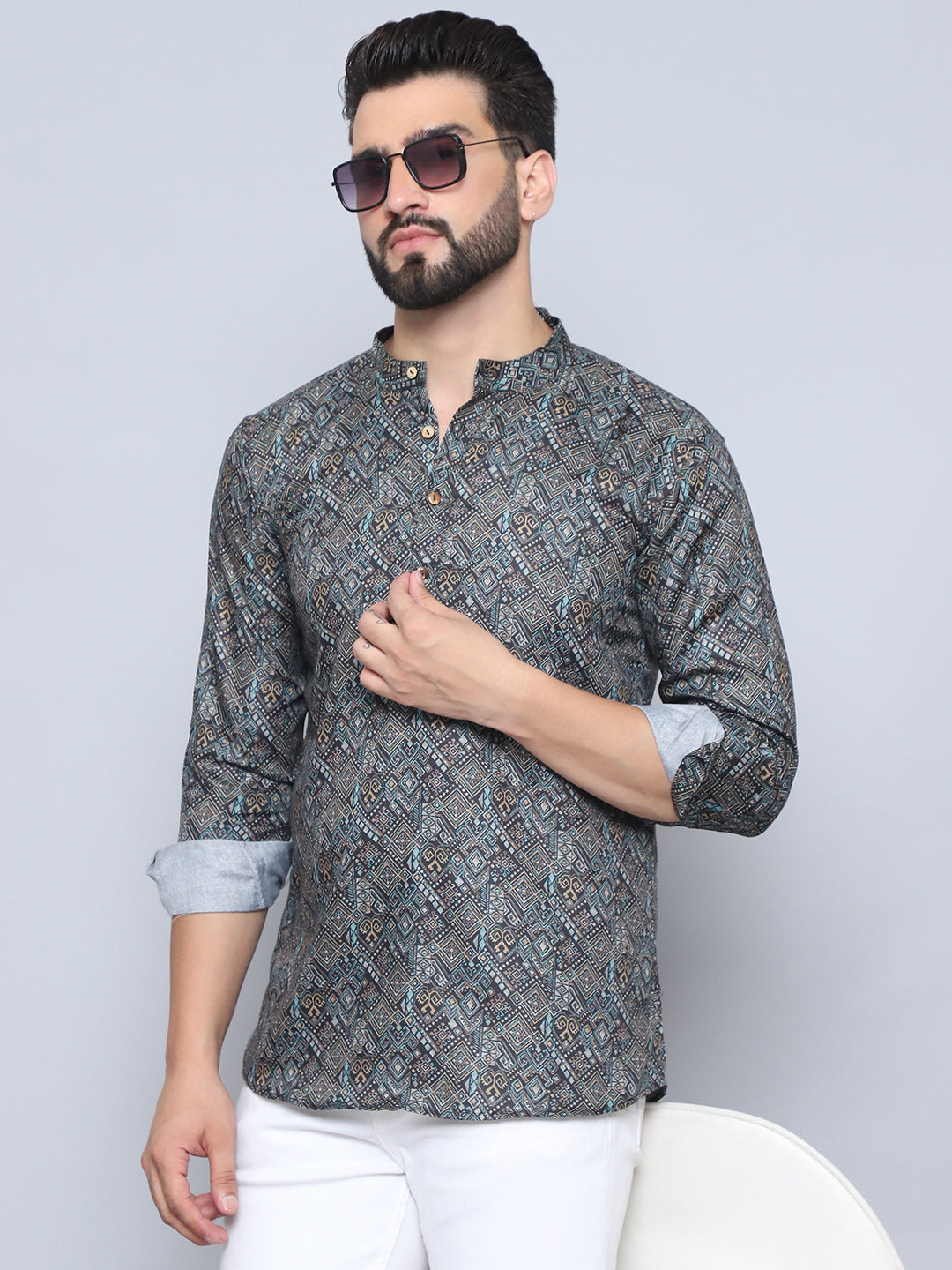 Printed Cotton Short Kurta For Men