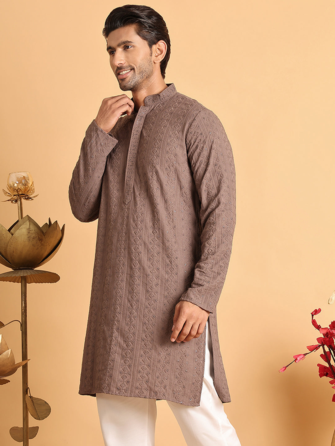 Embroidered &amp; Sequins Straight Kurtas For Men