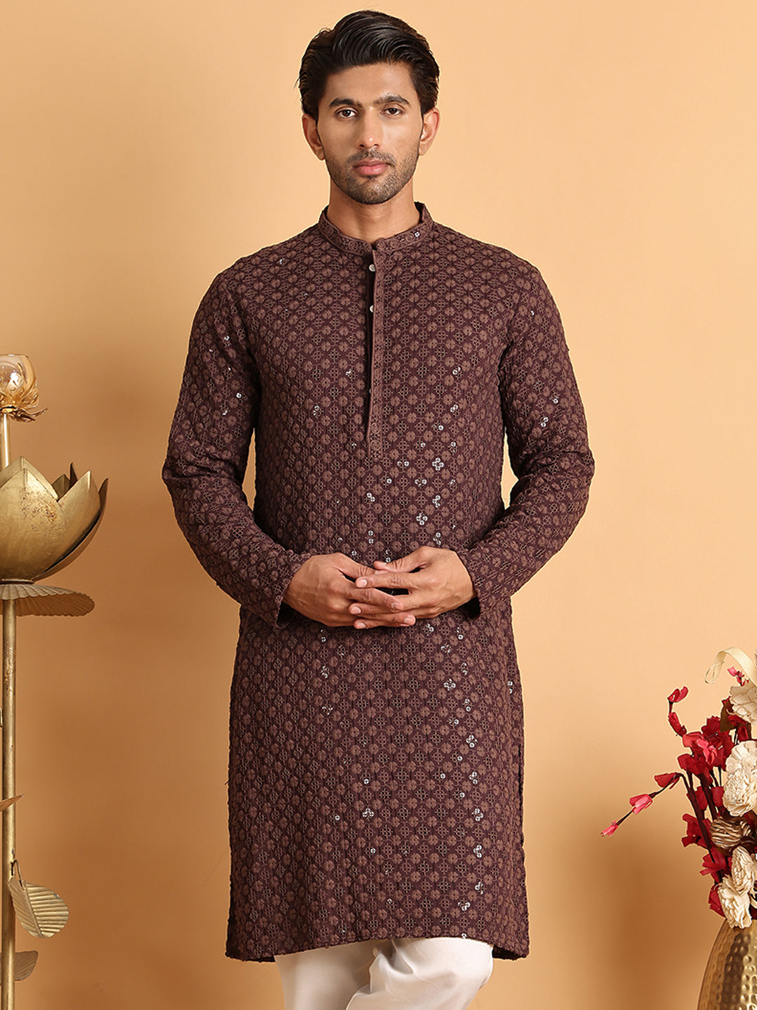 Embroidered &amp; Sequins Straight Kurtas For Men