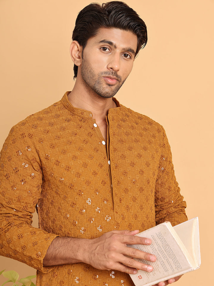 Embroidered &amp; Sequins Straight Kurtas For Men