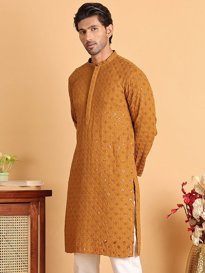 Embroidered &amp; Sequins Straight Kurtas For Men