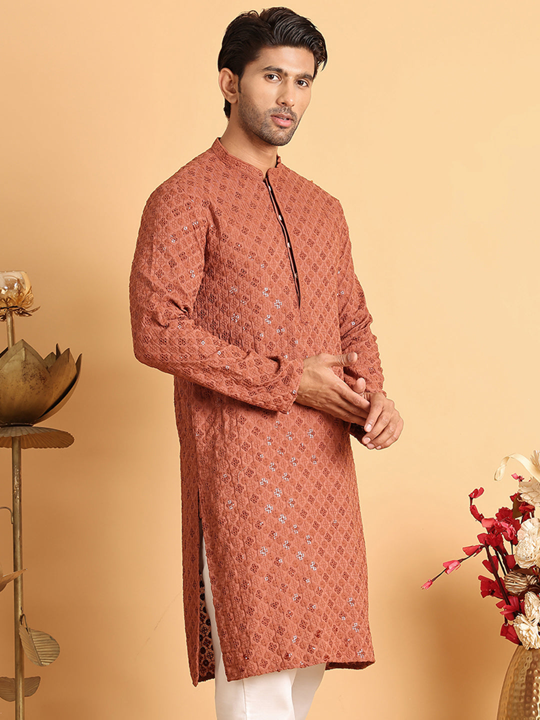 Embroidered &amp; Sequins Straight Kurtas For Men