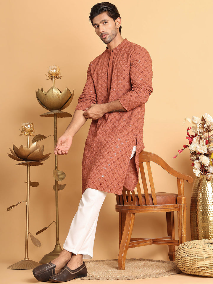 Embroidered &amp; Sequins Straight Kurtas For Men