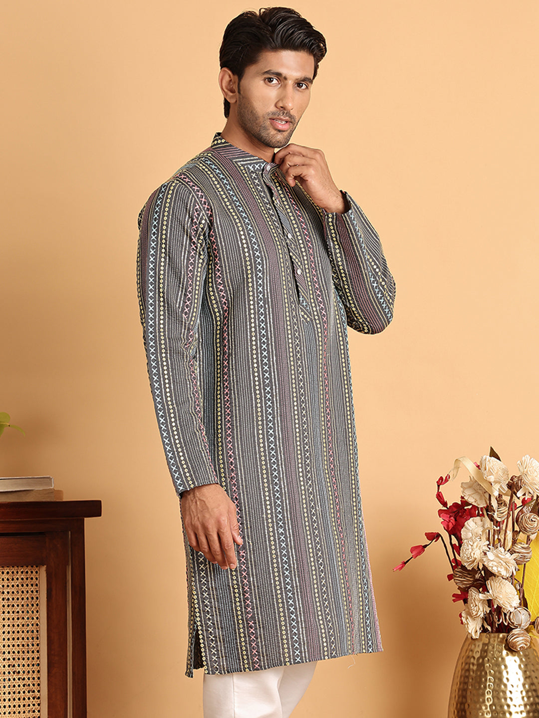 Embroidered Silk Blend Kurtas For Men